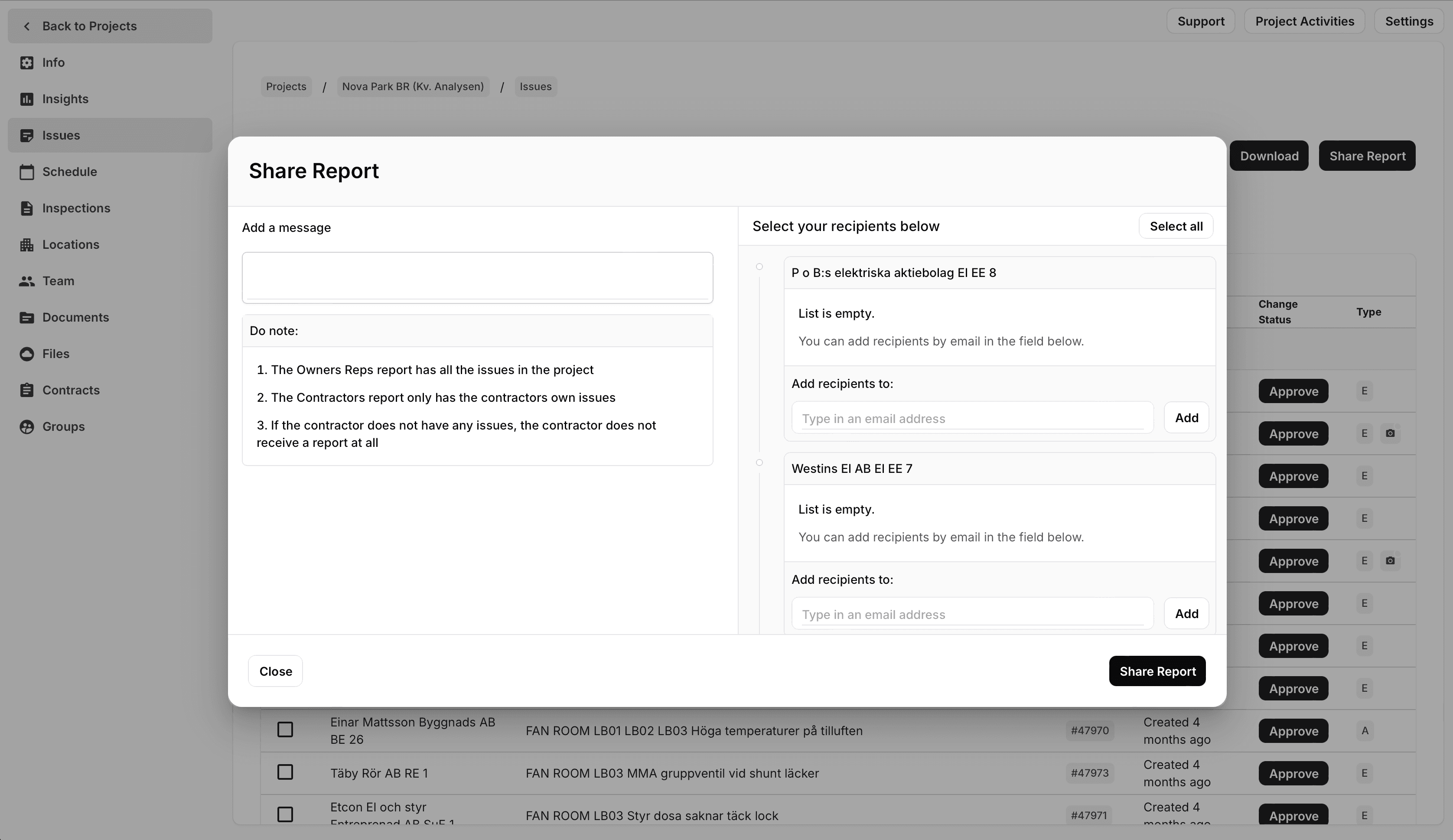 ispect issues view - share report modal 2023